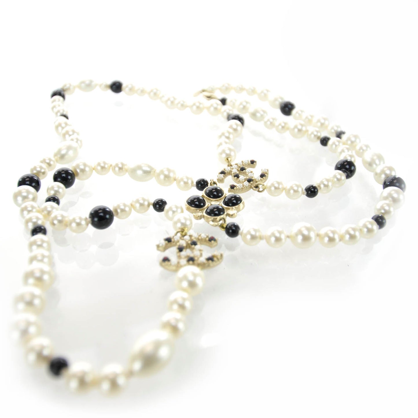 Long Pearl Gripoix CC Necklace Black White 08P
