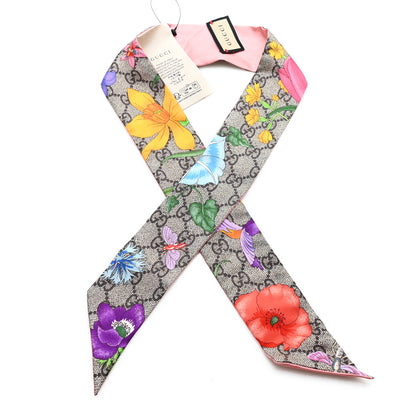 Gucci Silk Twill GG Monogram Special Flory Neck Bow Scarf Beige Pink 1 of 3
