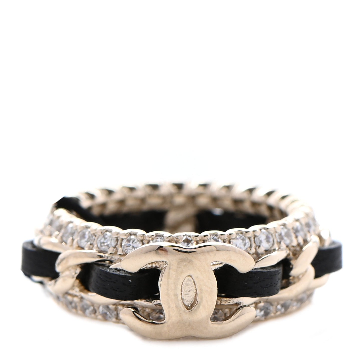 Metal Crystal Lambskin CC Ring 50 Gold Black