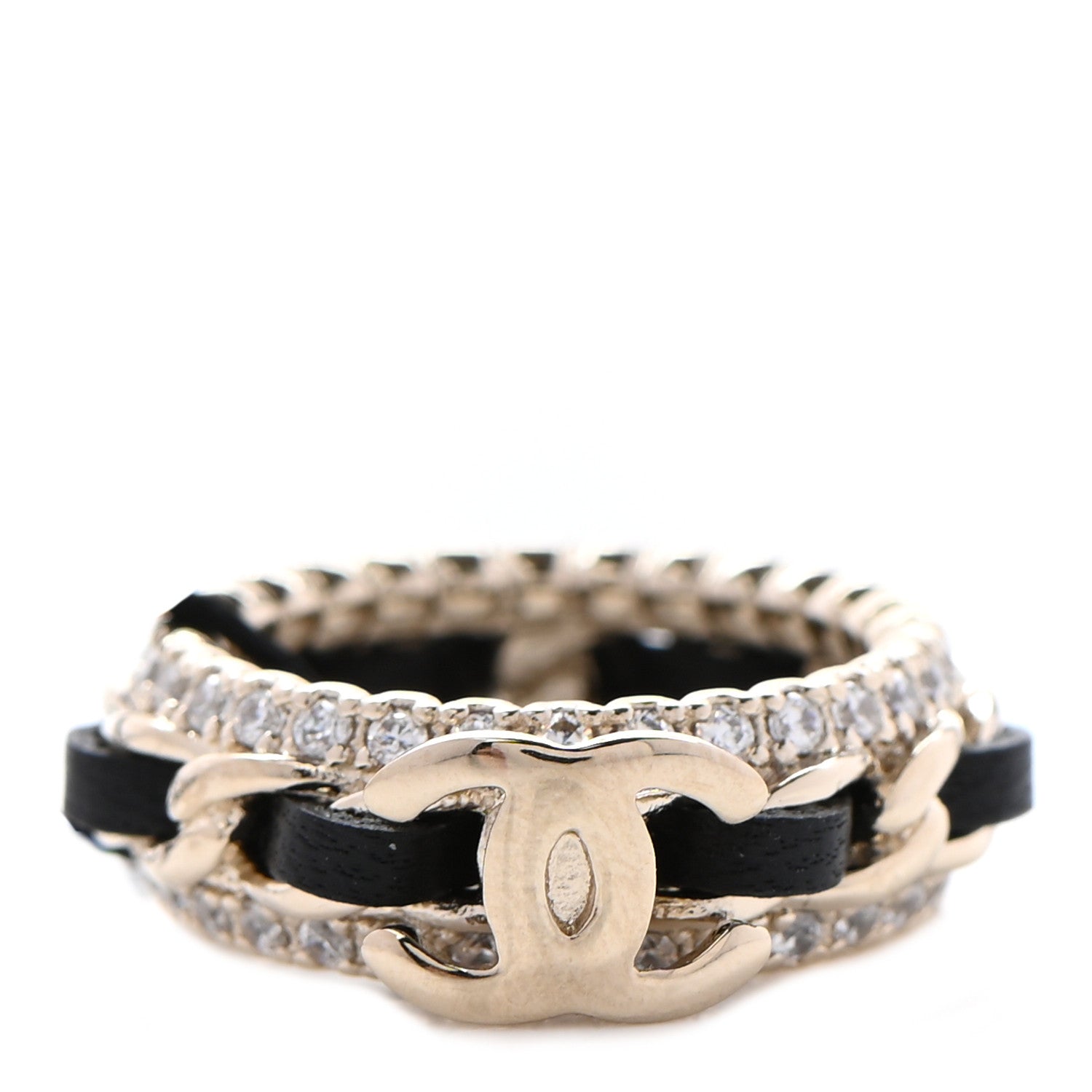 Chanel Metal Crystal Lambskin CC Ring 50 Gold Black 1 of 9