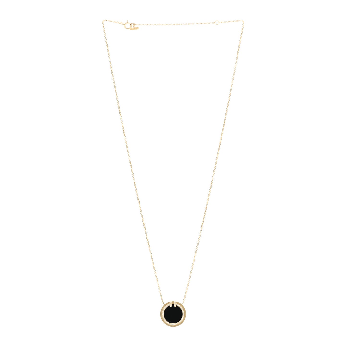 18K Yellow Gold Diamond Black Onyx 16mm T Circle Pendant Necklace