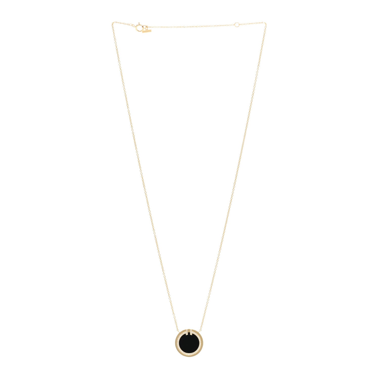 Tiffany 18K Yellow Gold Diamond Black Onyx 16mm T Circle Pendant Necklace 3 of 5