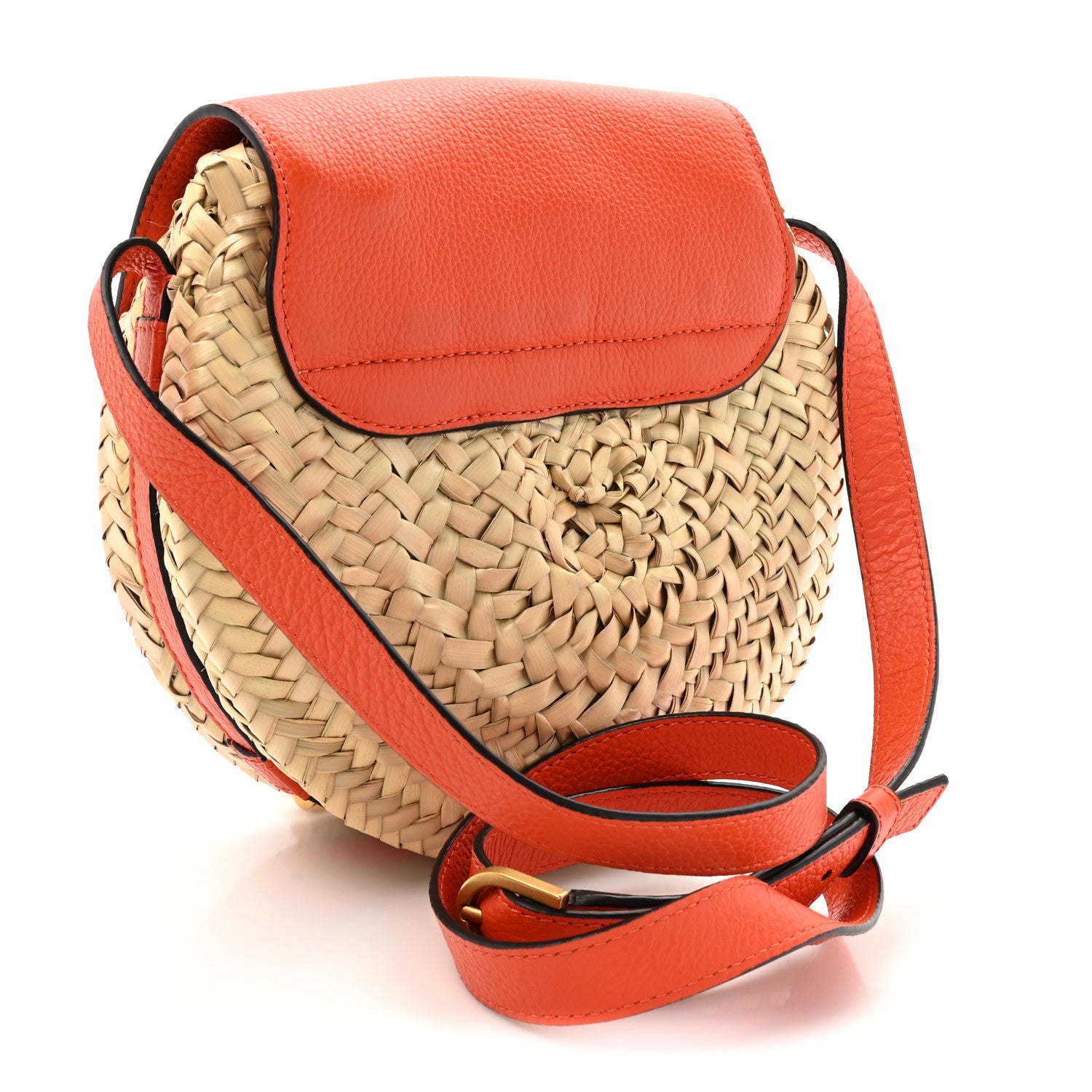 Chloe Grained Calfskin Palm Woven Small Marcie Basket Saddle Rusted Orange 3 of 10