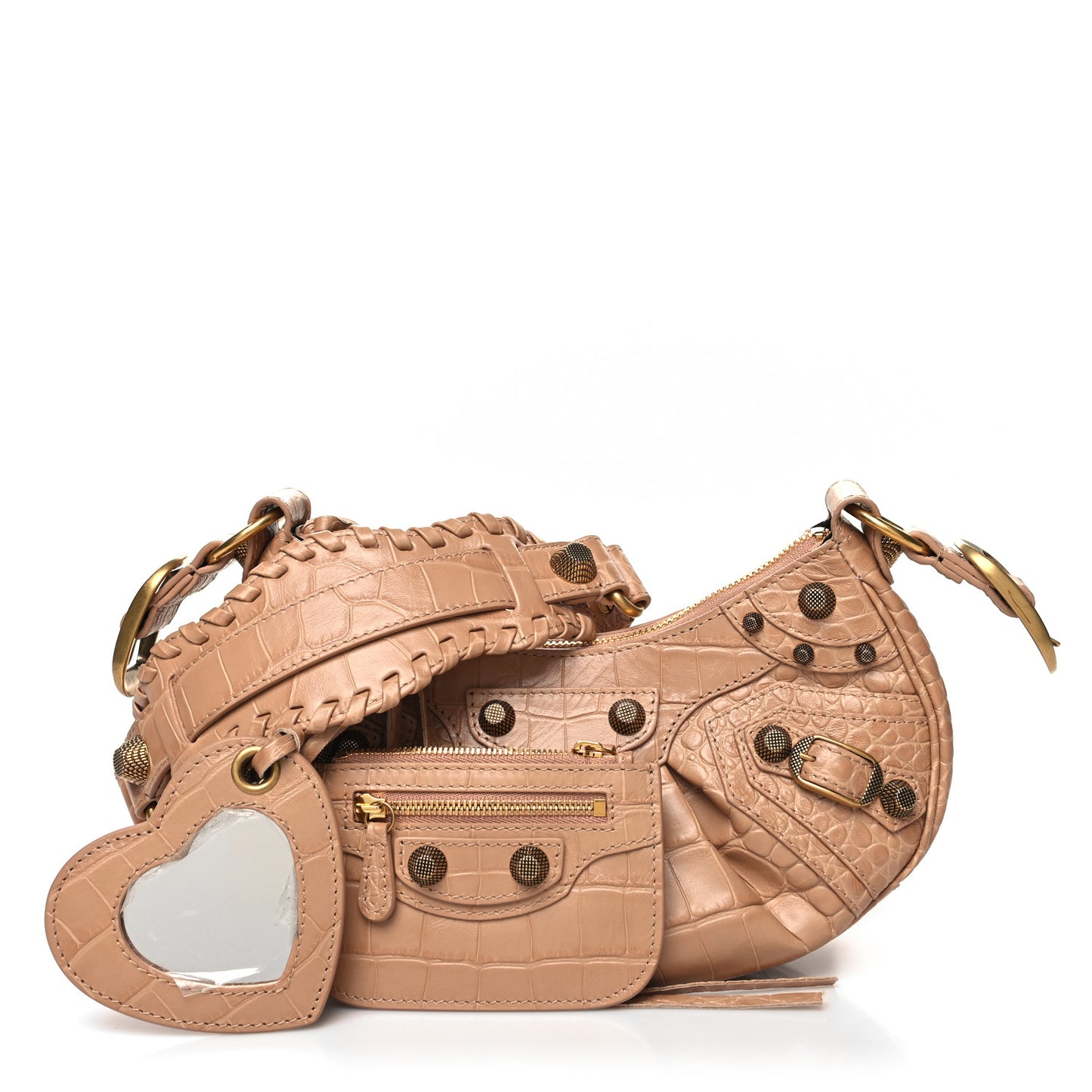 Extra Supple Calfskin Crocodile Embossed Le Cagole Shoulder Bag XS Nude Beige