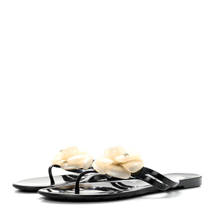 Chanel Jelly Camellia Thong Sandals 41 Black Ivory 3 of 12