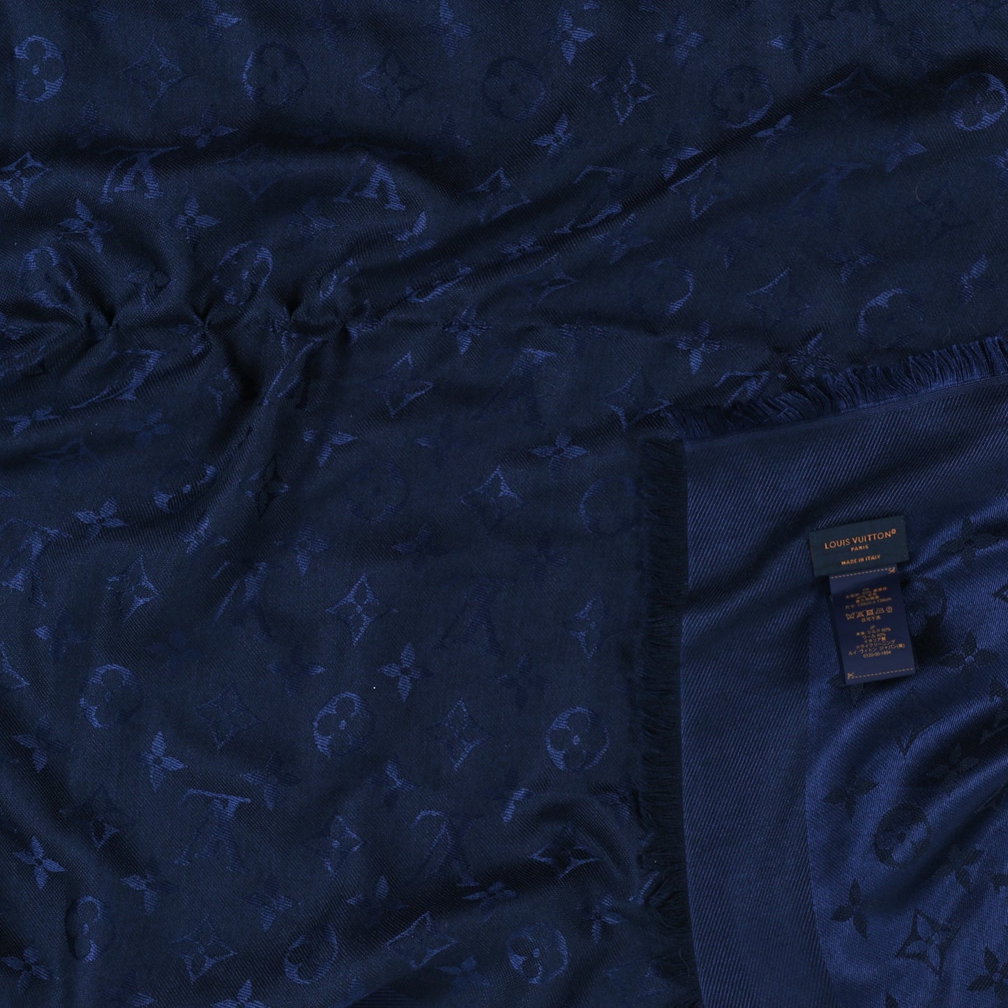 Silk Wool Monogram Denim Shawl Blue Marine