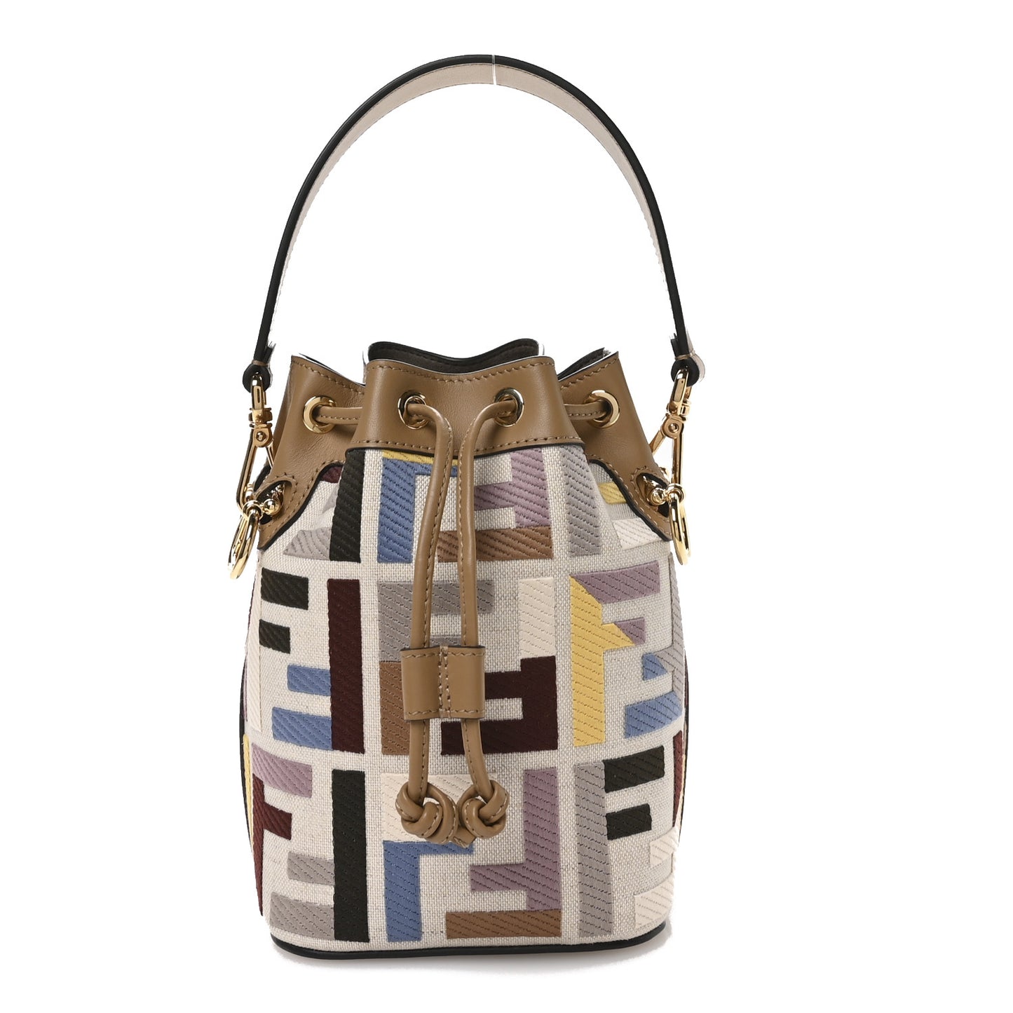 Canvas Vitello King FF Embroidered Mini Mon Tresor Bucket Bag Dusty Mauve Cappuccino Multicolor
