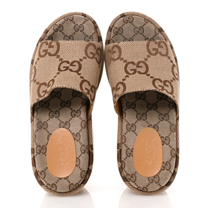 Gucci Monogram Jumbo GG Platform Slide Wedge Sandals 37 Camel Ebony 2 of 11