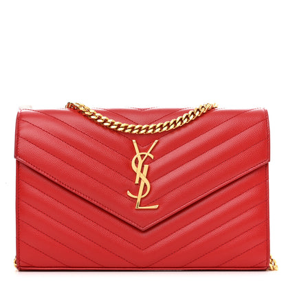 Saint Laurent Grain De Poudre Matelasse Chevron Monogram Chain Wallet New Red 1 of 11