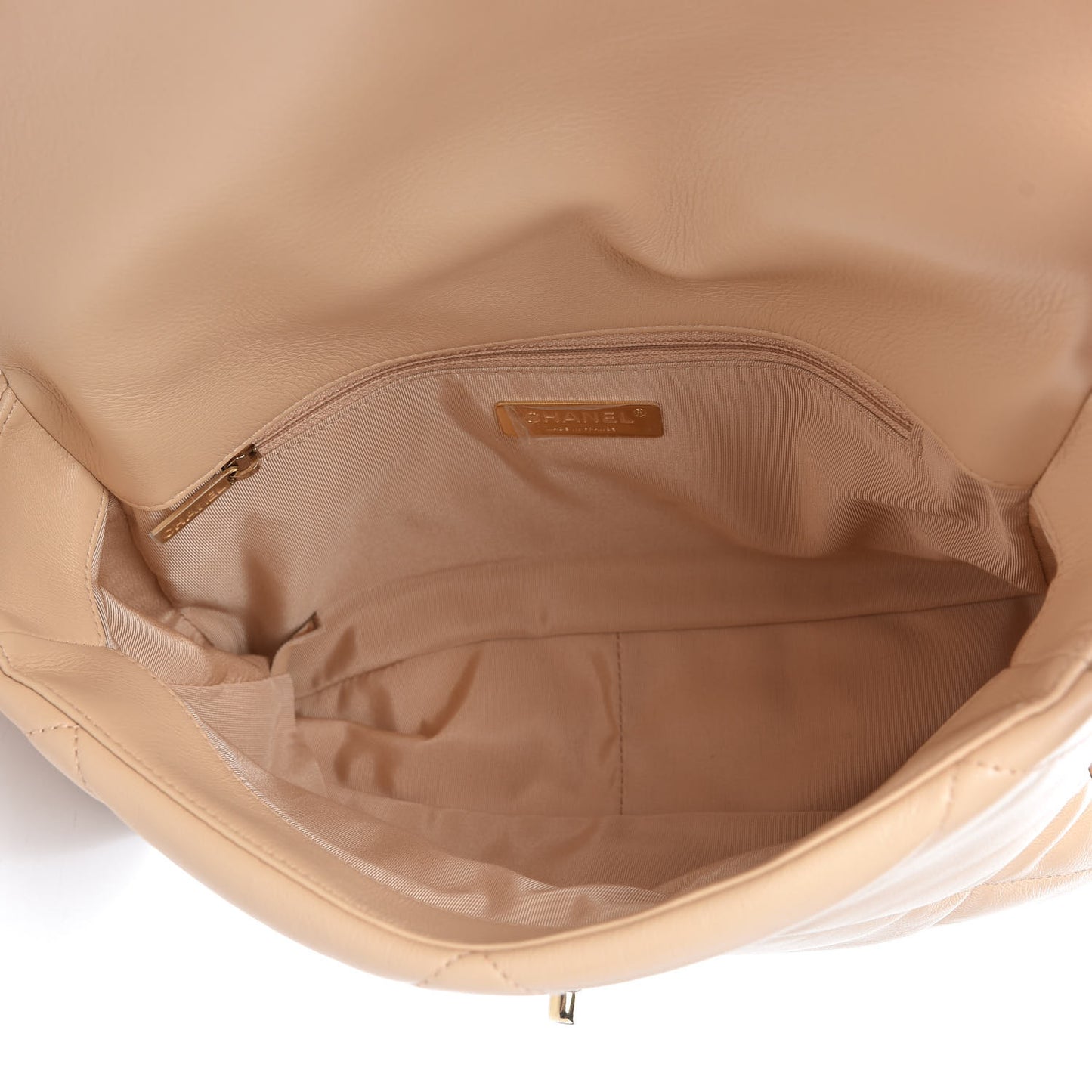 Shiny Goatskin Quilted Large Chanel 19 Flap Beige