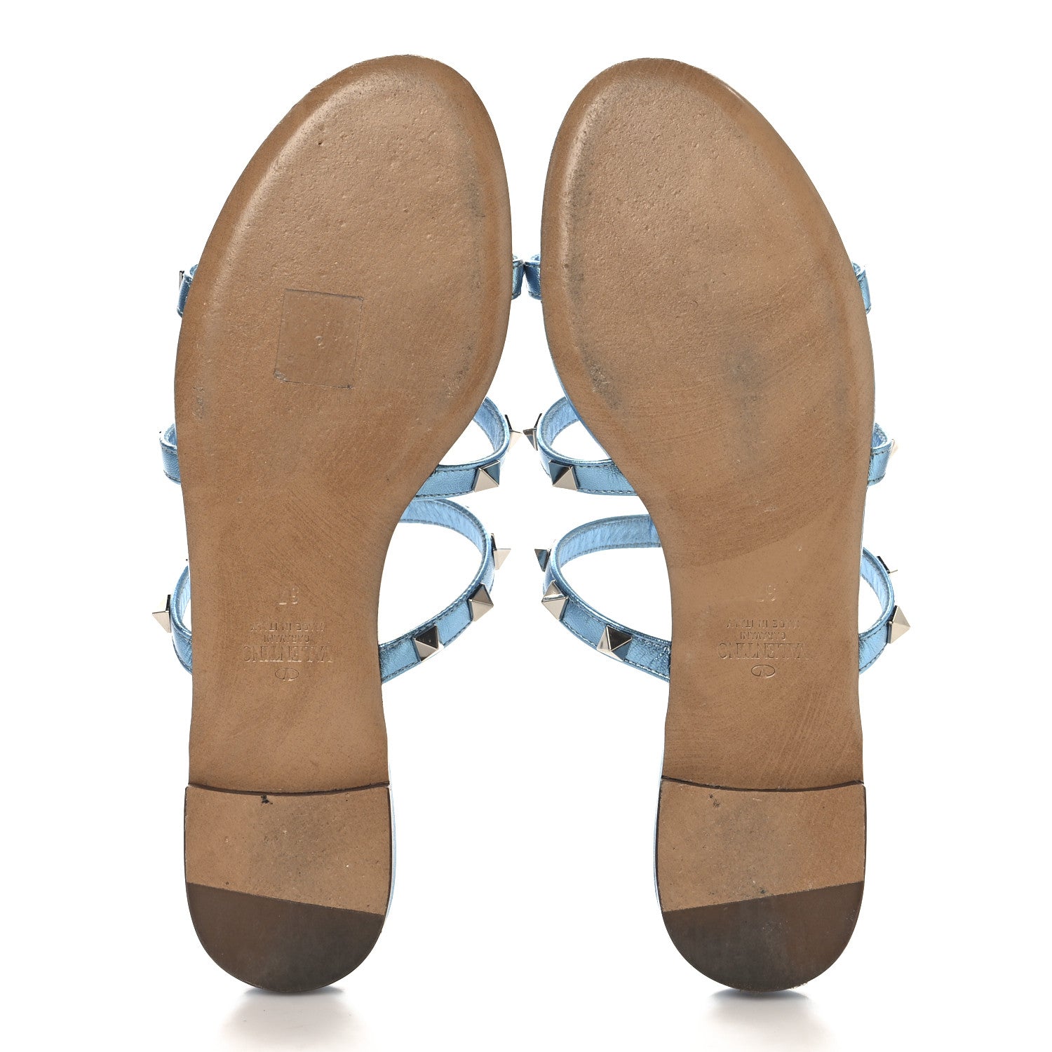 Valentino Garavani Metallic Nappa Rockstud Caged Flat Slide Sandals 37 Cerulean 6 of 11