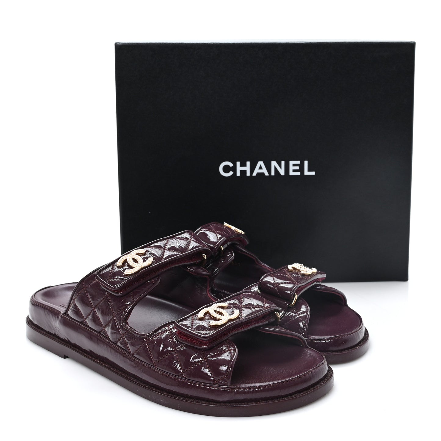 Shiny Calfskin Quilted Velcro Dad Pearl CC Slide Sandals 41 Burgundy
