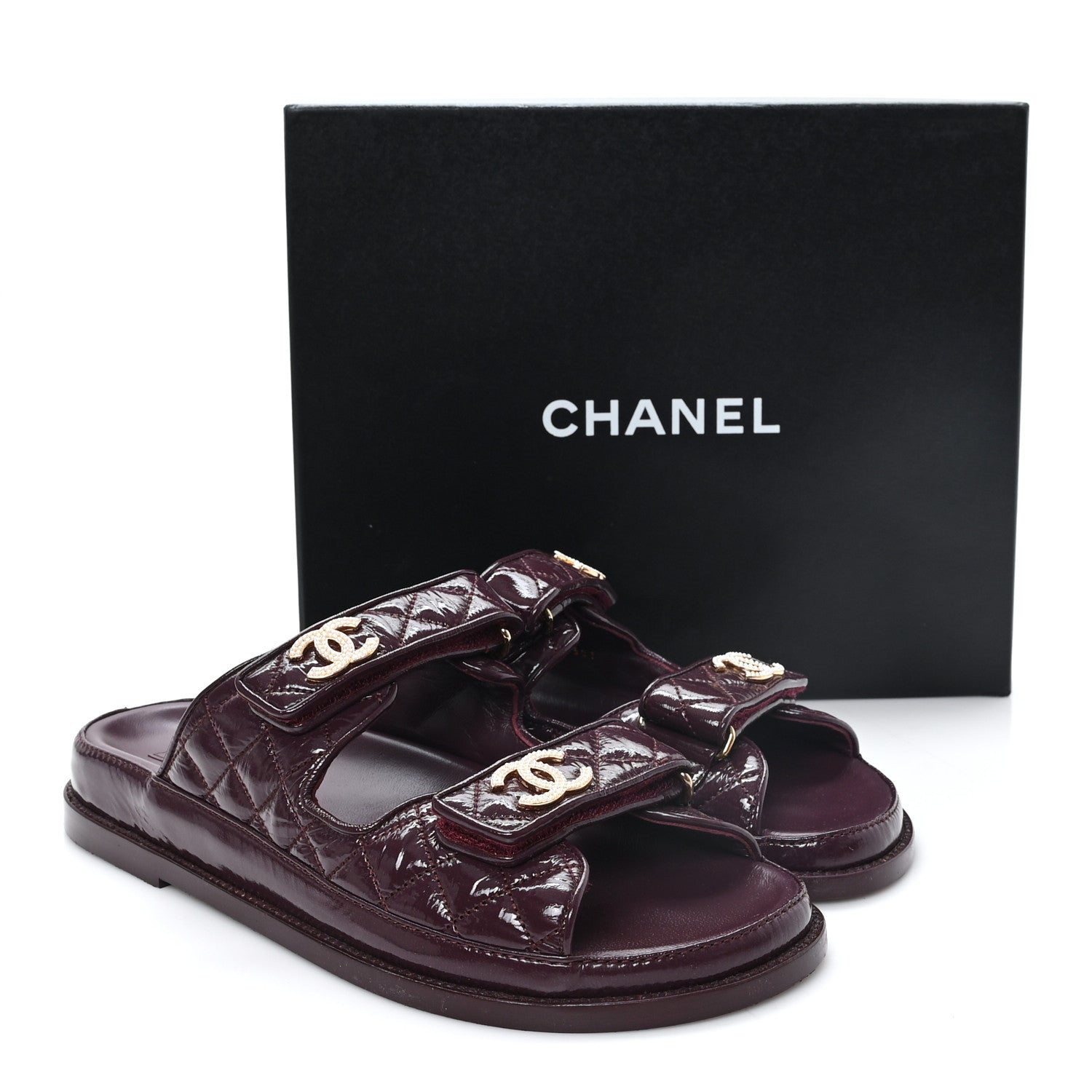 Chanel Shiny Calfskin Quilted Velcro Dad Pearl CC Slide Sandals 41 Burgundy 10 of 10