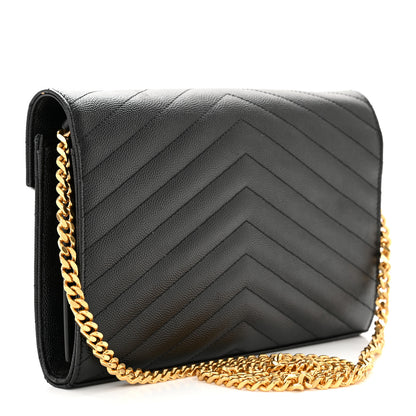 Saint Laurent Grain De Poudre Matelasse Chevron Monogram Chain Wallet Black 3 of 10