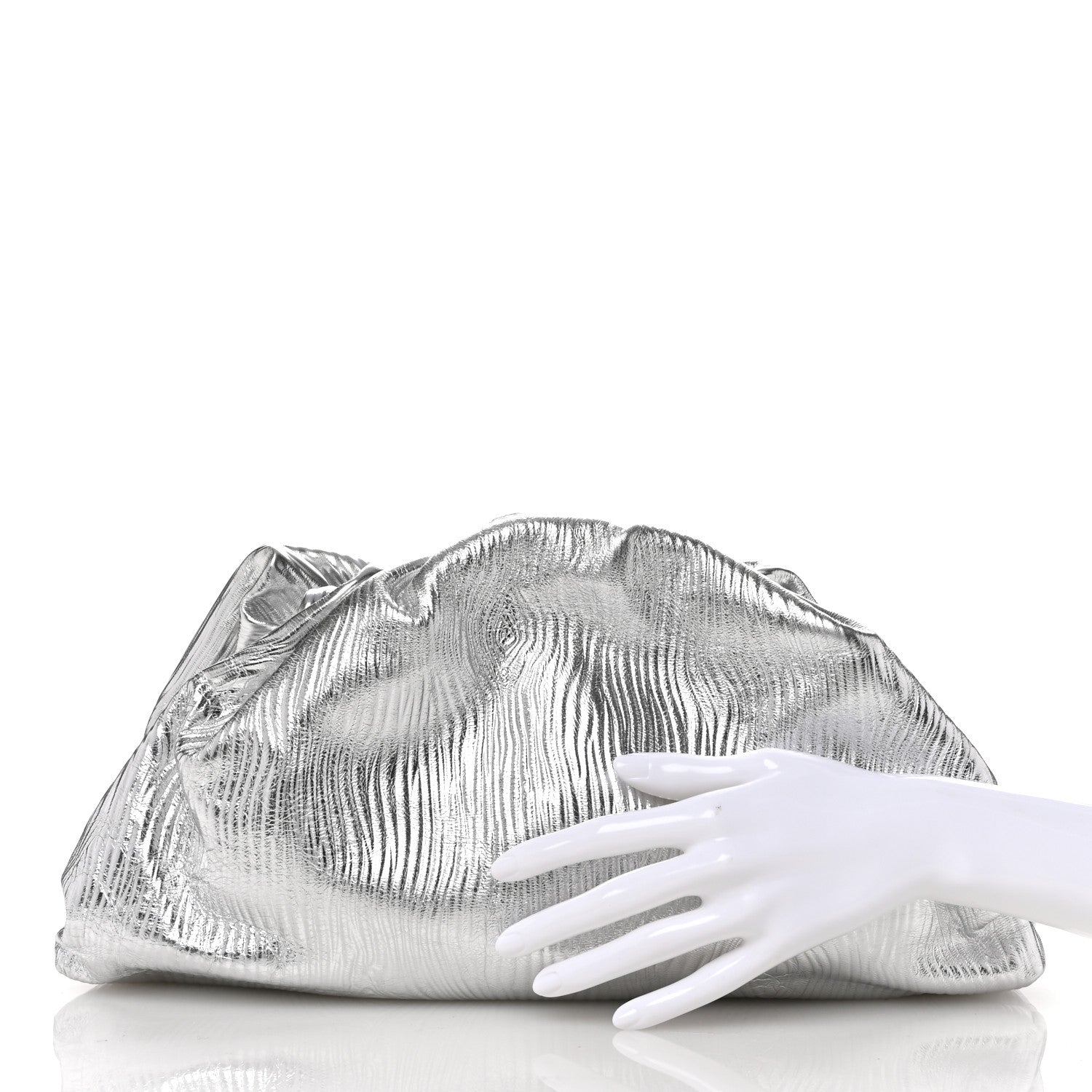 Bottega Veneta Metallic Bark Calfskin Embossed The Pouch Oversized Clutch Silver 2 of 10