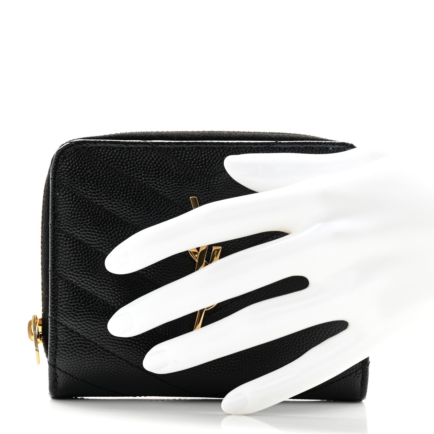 Saint Laurent Grain De Poudre Matelasse Chevron Monogram Compact Zip Around Wallet Black 2 of 11