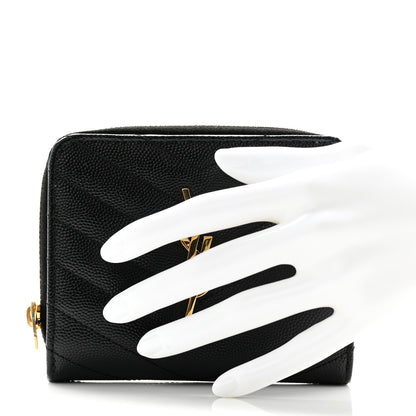 Saint Laurent Grain De Poudre Matelasse Chevron Monogram Compact Zip Around Wallet Black 2 of 11