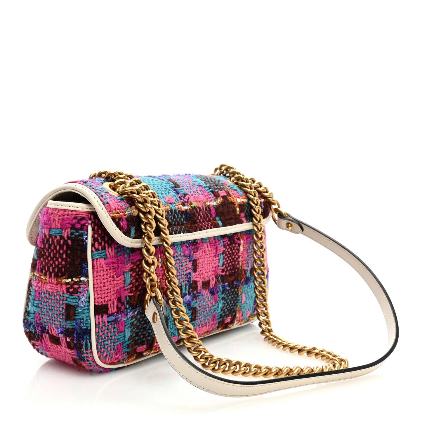 Tweed Calfskin Spicy Check Small GG Marmont Shoulder Bag Pink Multicolor Mystic White