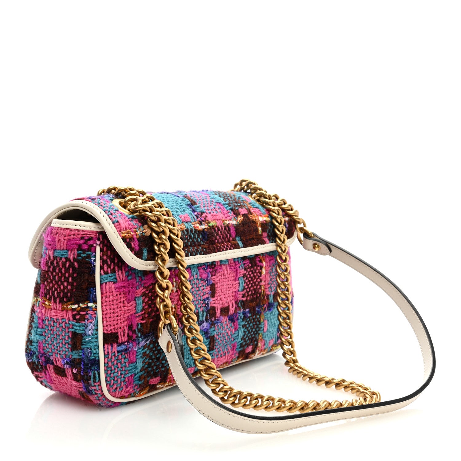 Gucci Tweed Calfskin Spicy Check Small GG Marmont Shoulder Bag Pink Multicolor Mystic White 3 of 9