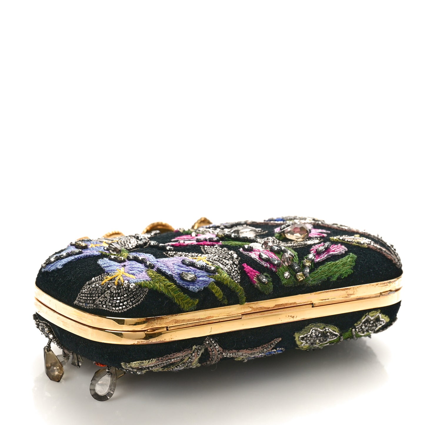 Suede Stone Eagle Embroidered Knuckle Box Clutch Black