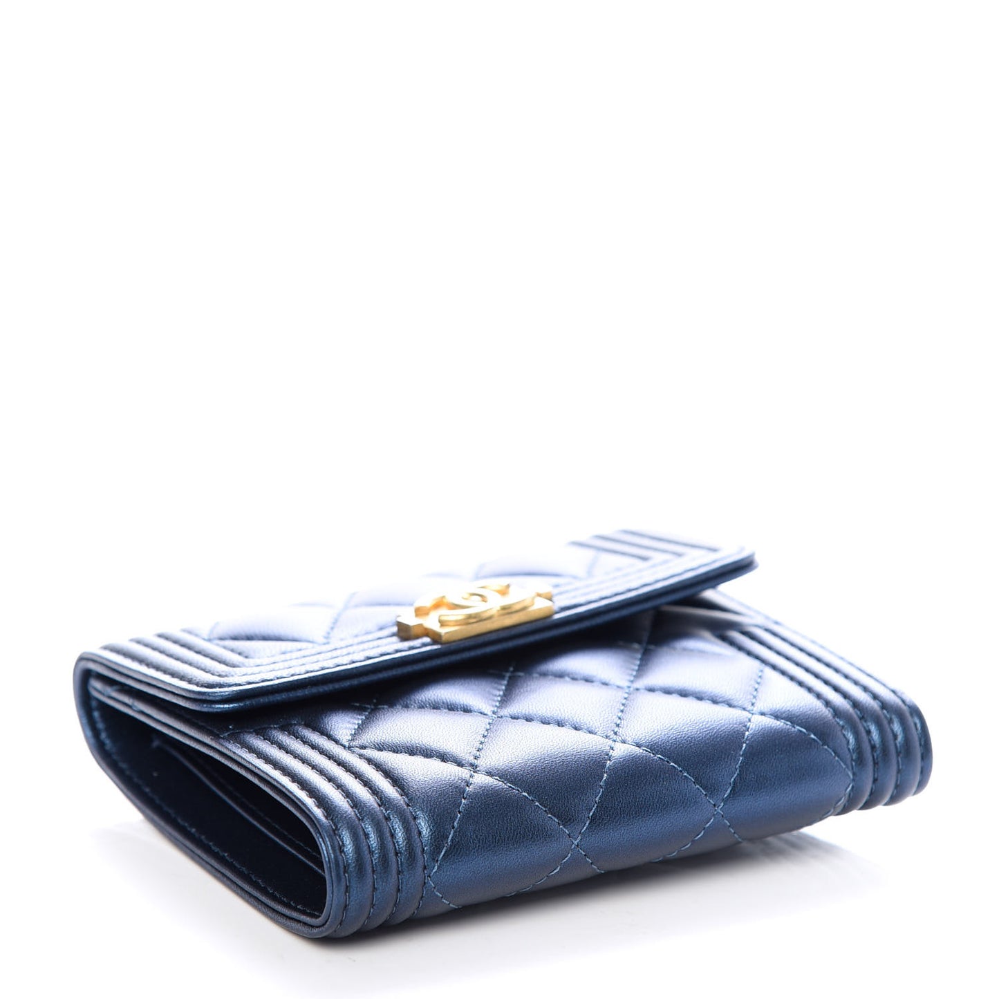Metallic Lambskin Quilted Compact Boy Wallet Blue