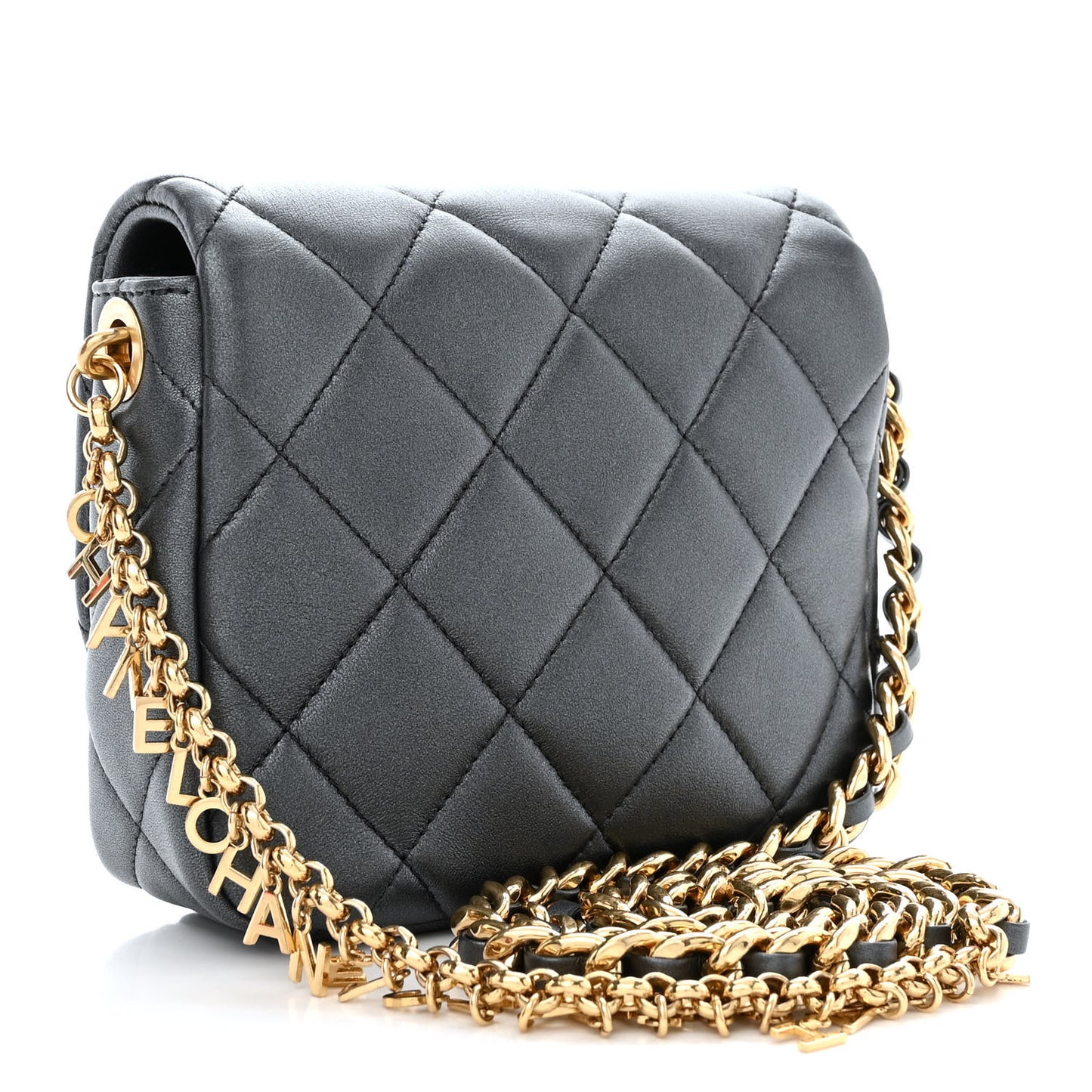 Metallic Lambskin Quilted Logo Charm Mini Chain Flap Grey