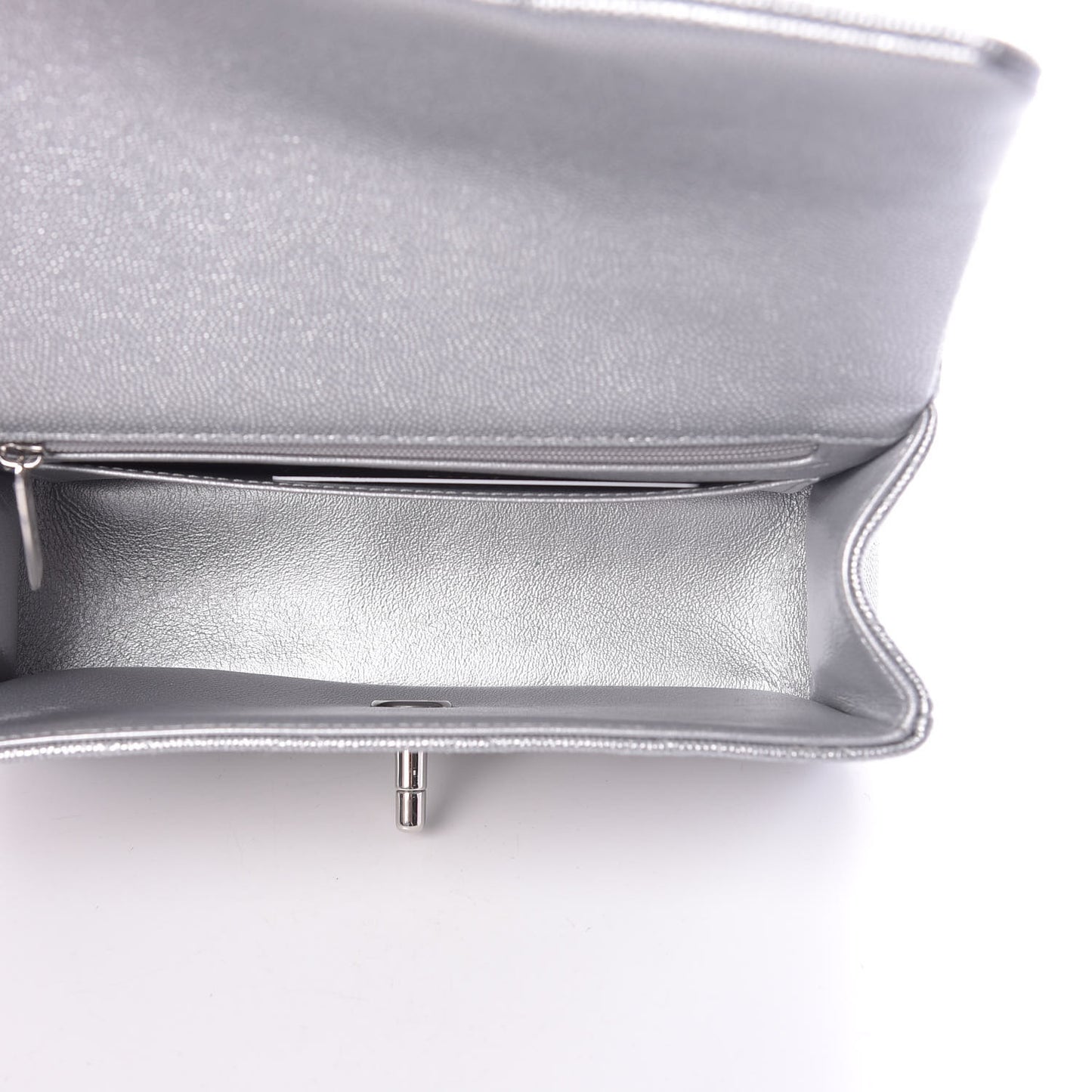 Metallic Caviar Quilted Mini Top Handle Rectangular Flap Silver