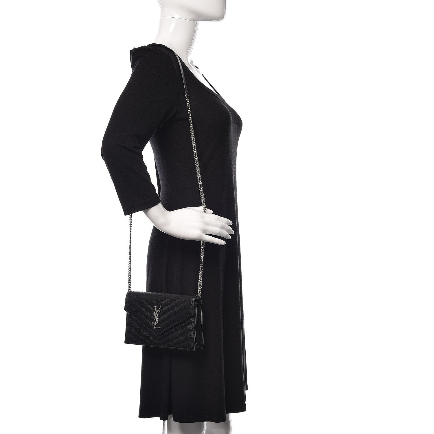 Saint Laurent Grain De Poudre Matelasse Chevron Monogram Envelope Chain Wallet Black 2 of 12
