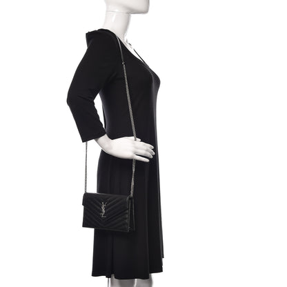 Saint Laurent Grain De Poudre Matelasse Chevron Monogram Envelope Chain Wallet Black 2 of 12