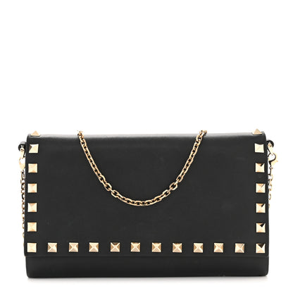Valentino Garavani Vitello Rockstud Flap Wallet On Chain Black 1 of 15