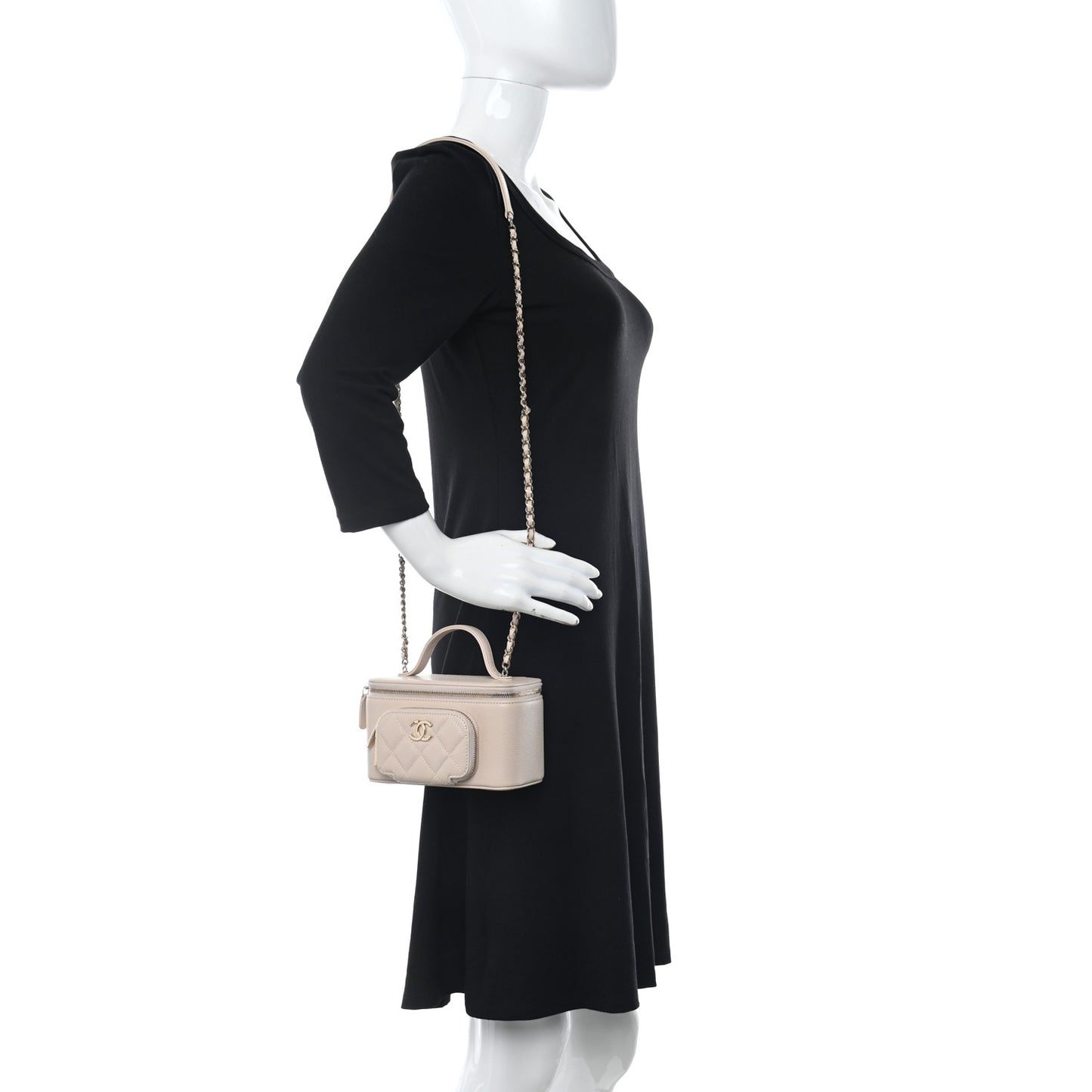 Caviar Quilted Top Handle Pocket Vanity Case Beige