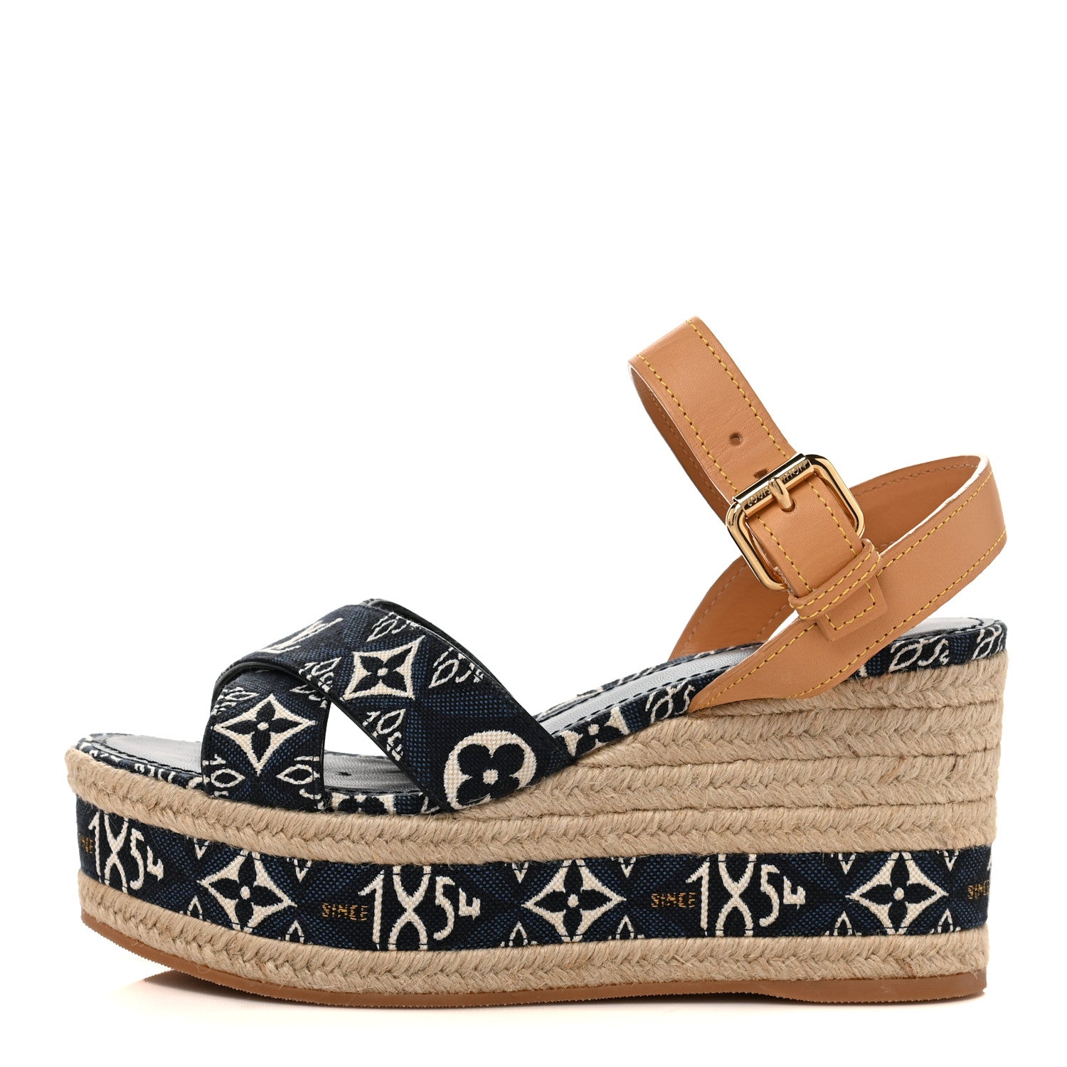 Louis Vuitton Jacquard Calfskin Since 1854 Boundary Wedge Sandals 37 Blue 1 of 7
