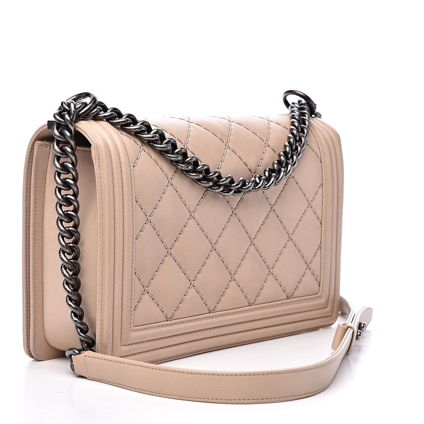 Calfskin Quilted Double Stitch New Medium Boy Flap Beige