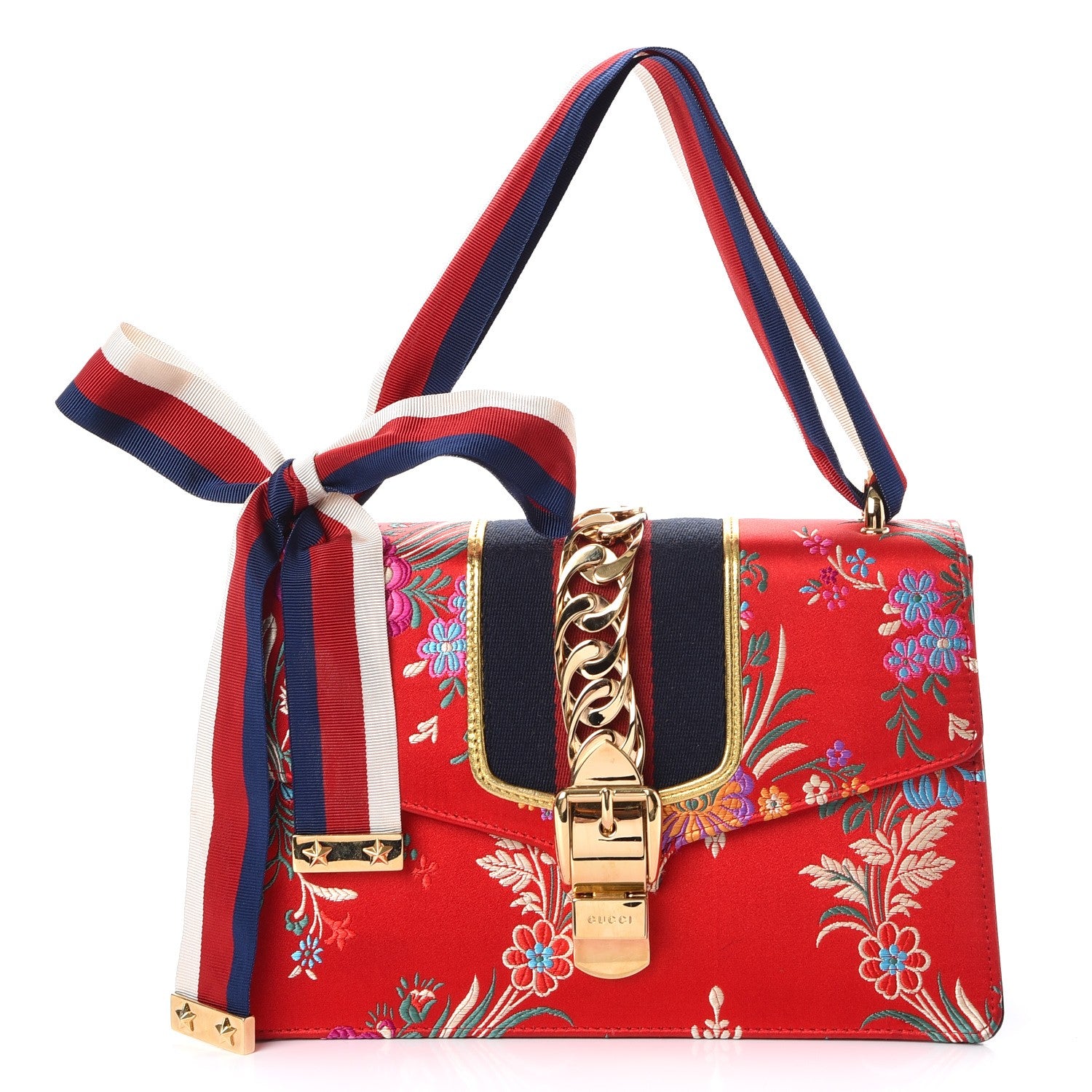 Gucci Jacquard Floral Small Sylvie Shoulder Bag Red Multicolor Black 1 of 9