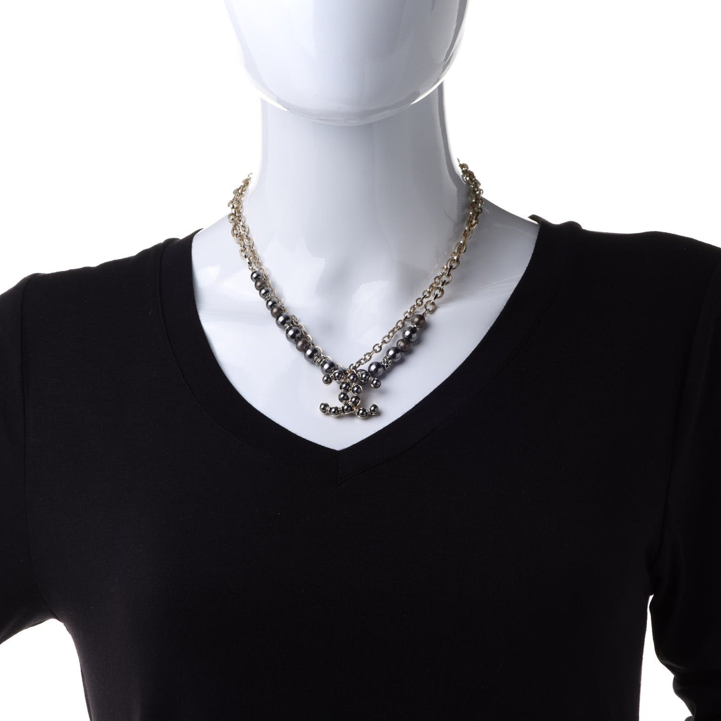 Crystal Pearl Nefertiti CC Double Chain Pendant Necklace Gold Dark Grey