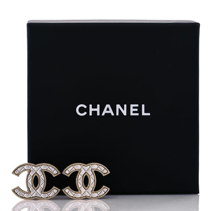 Chanel Metal Quilted CC Earrings Gold White 5 of 5