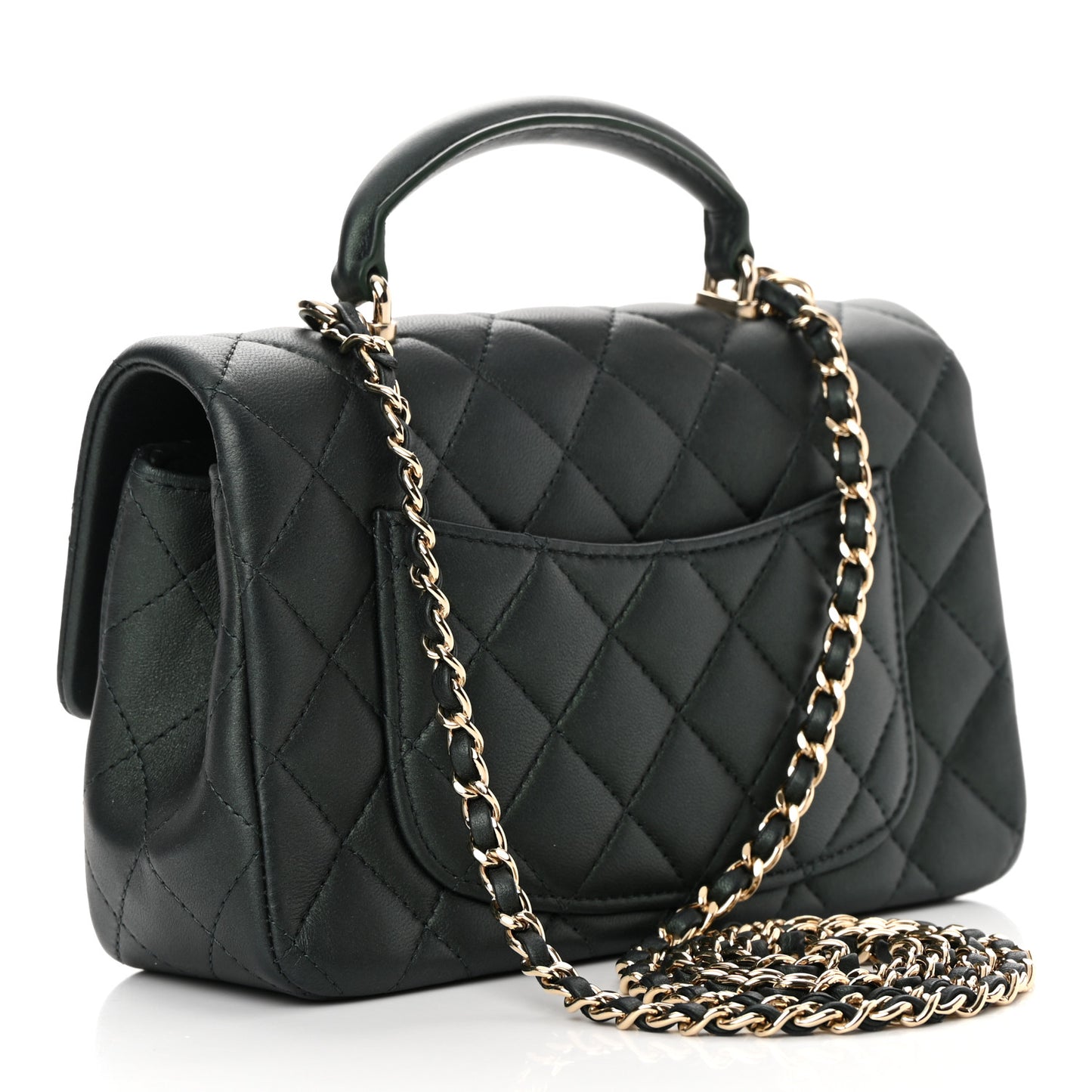 Iridescent Lambskin Quilted Mini Top Handle Rectangular Flap Dark Green