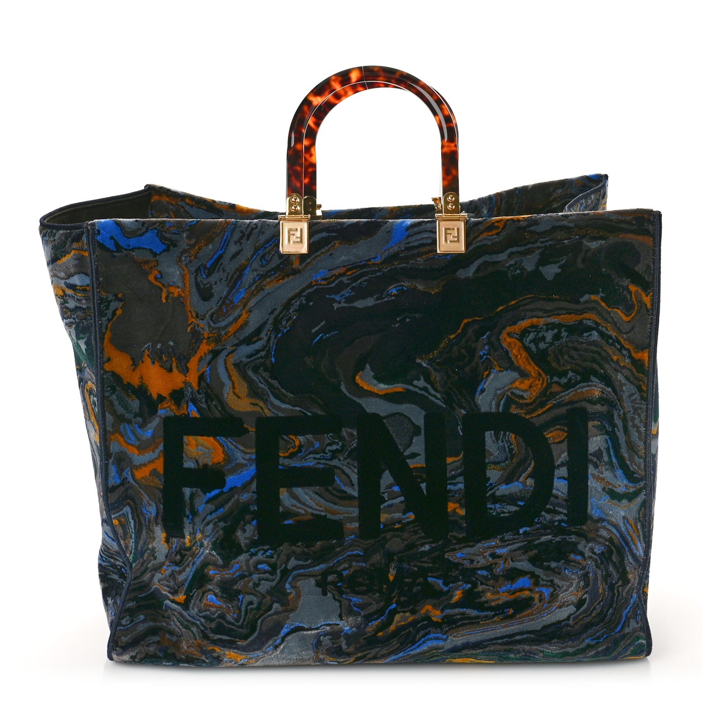 Velvet Plexiglass Marble Logo Embroidered Large Fendi Sunshine Shopper Tote Blue Multicolor