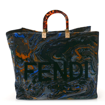 Fendi Velvet Plexiglass Marble Logo Embroidered Large Fendi Sunshine Shopper Tote Blue Multicolor 1 of 10
