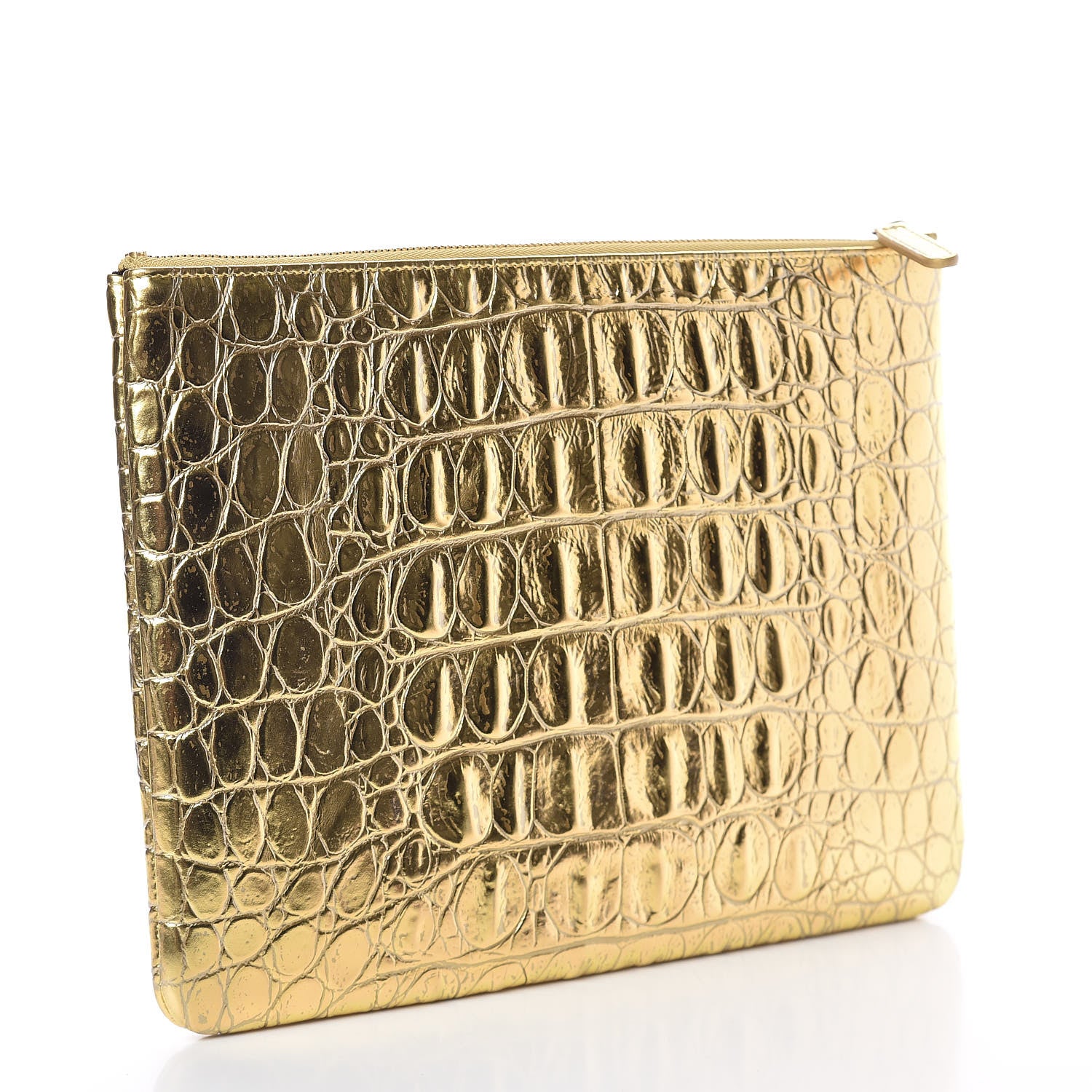 Chanel Metallic Calfskin Crocodile Embossed Medium Cocodile Cosmetic Case Gold 3 of 8