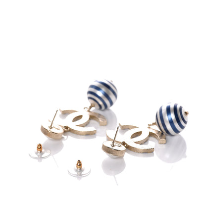 Chanel Resin Pearl Striped CC Drop Earrings Blue Gold 3 of 5
