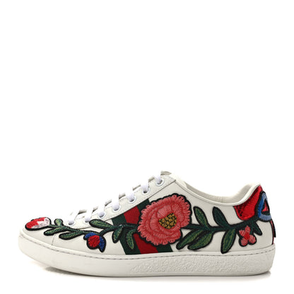 Gucci Calfskin Web Floral Embroidered Womens Ace Sneakers 35.5 White 1 of 9
