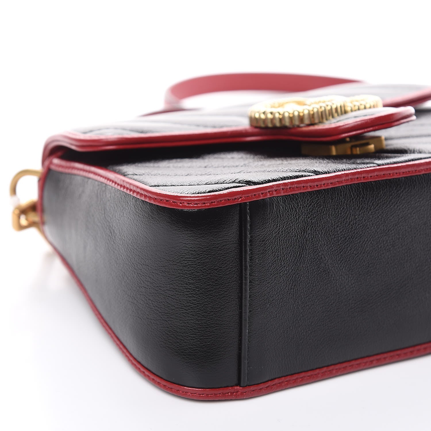 Gucci Vintage Effect Calfskin Matelasse Diagonal Mini Torchon GG Marmont Top Handle Shoulder Bag Black Romantic Cherry 8 of 9