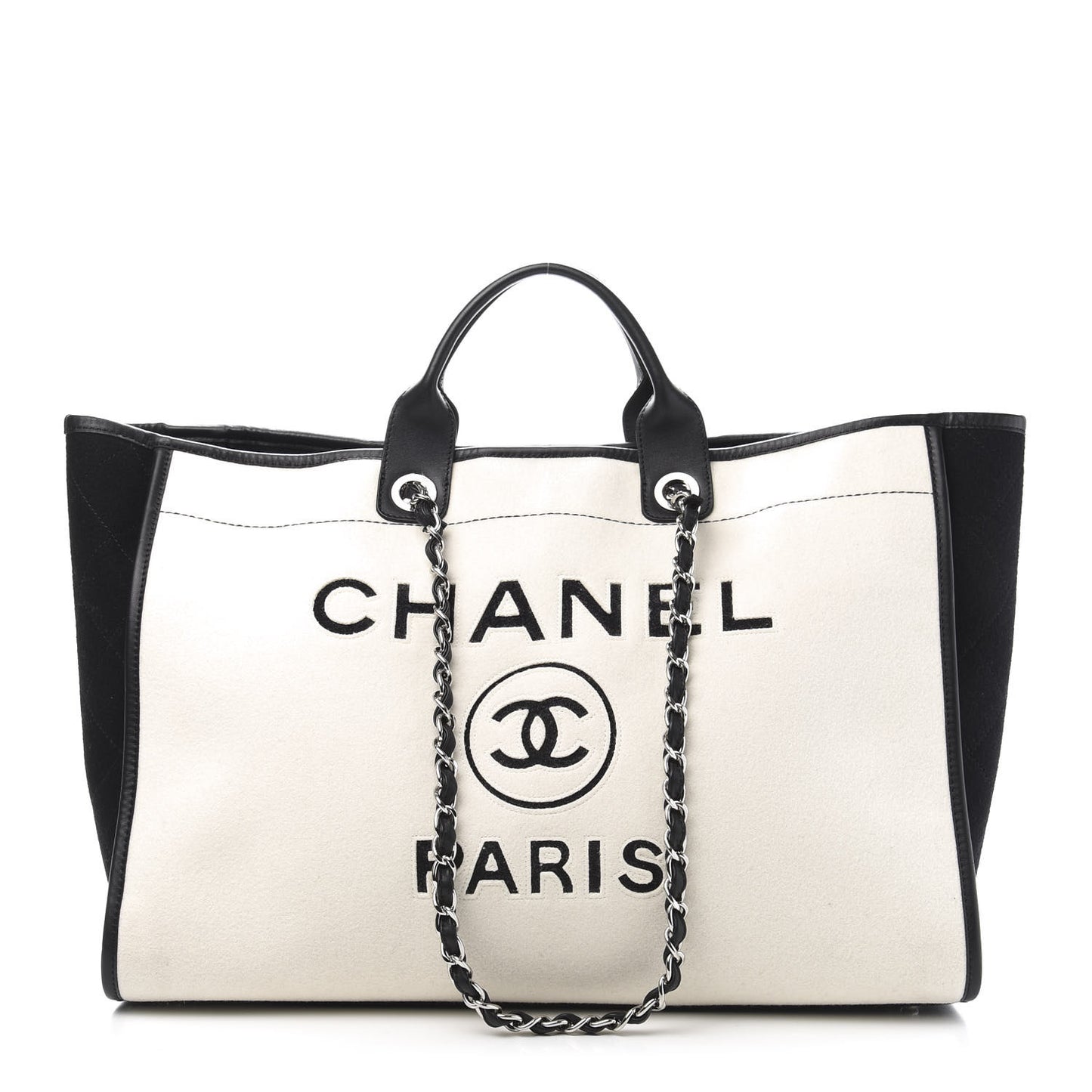Wool Felt Calfskin Large Deauville Tote Black White