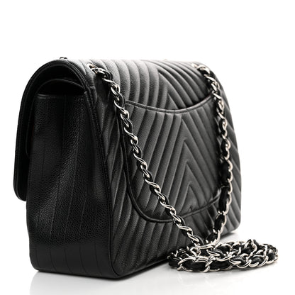 Chanel Caviar Chevron Quilted Jumbo Double Flap Black 3 of 15