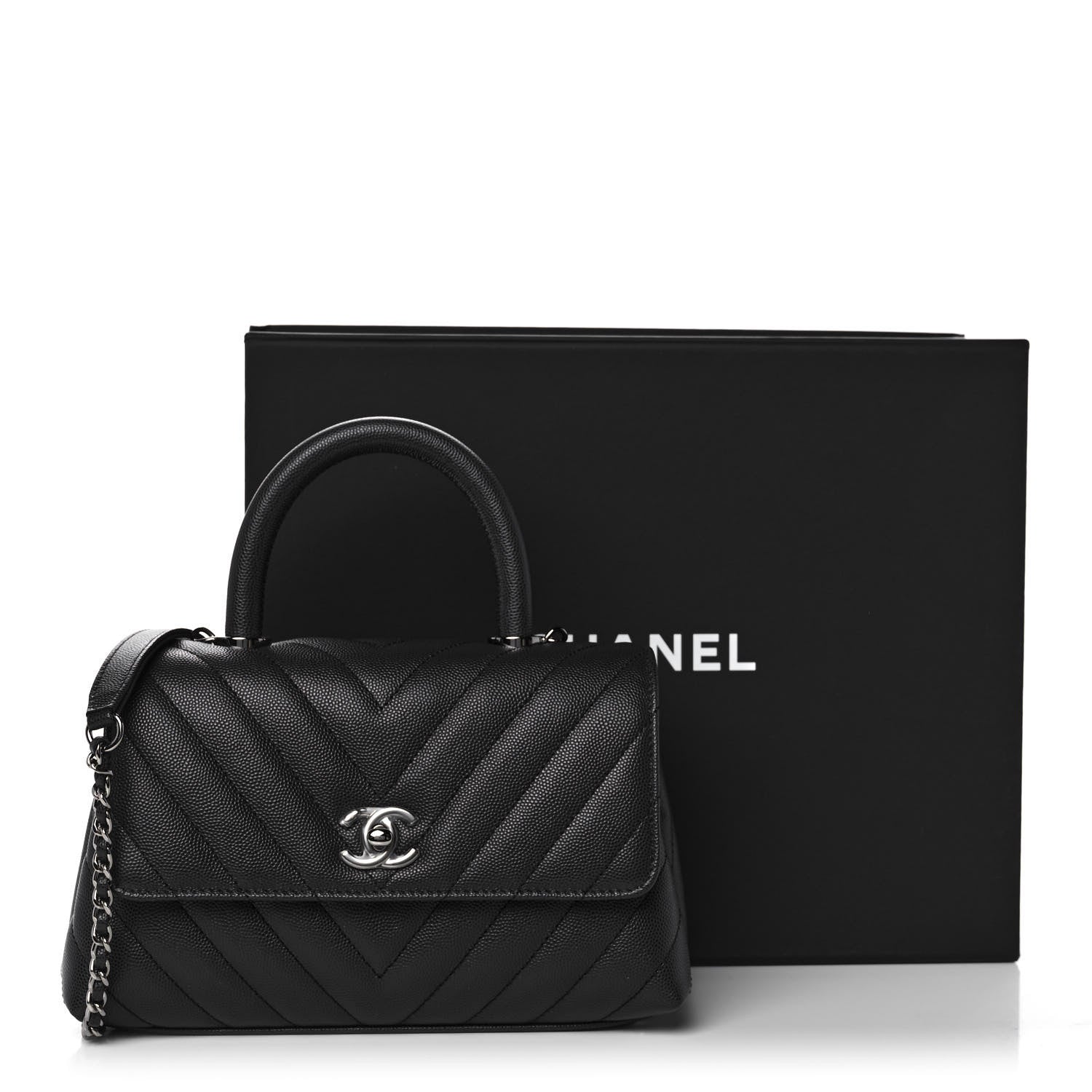 Chanel Caviar Chevron Quilted Mini Coco Handle Flap Dark Grey 11 of 11