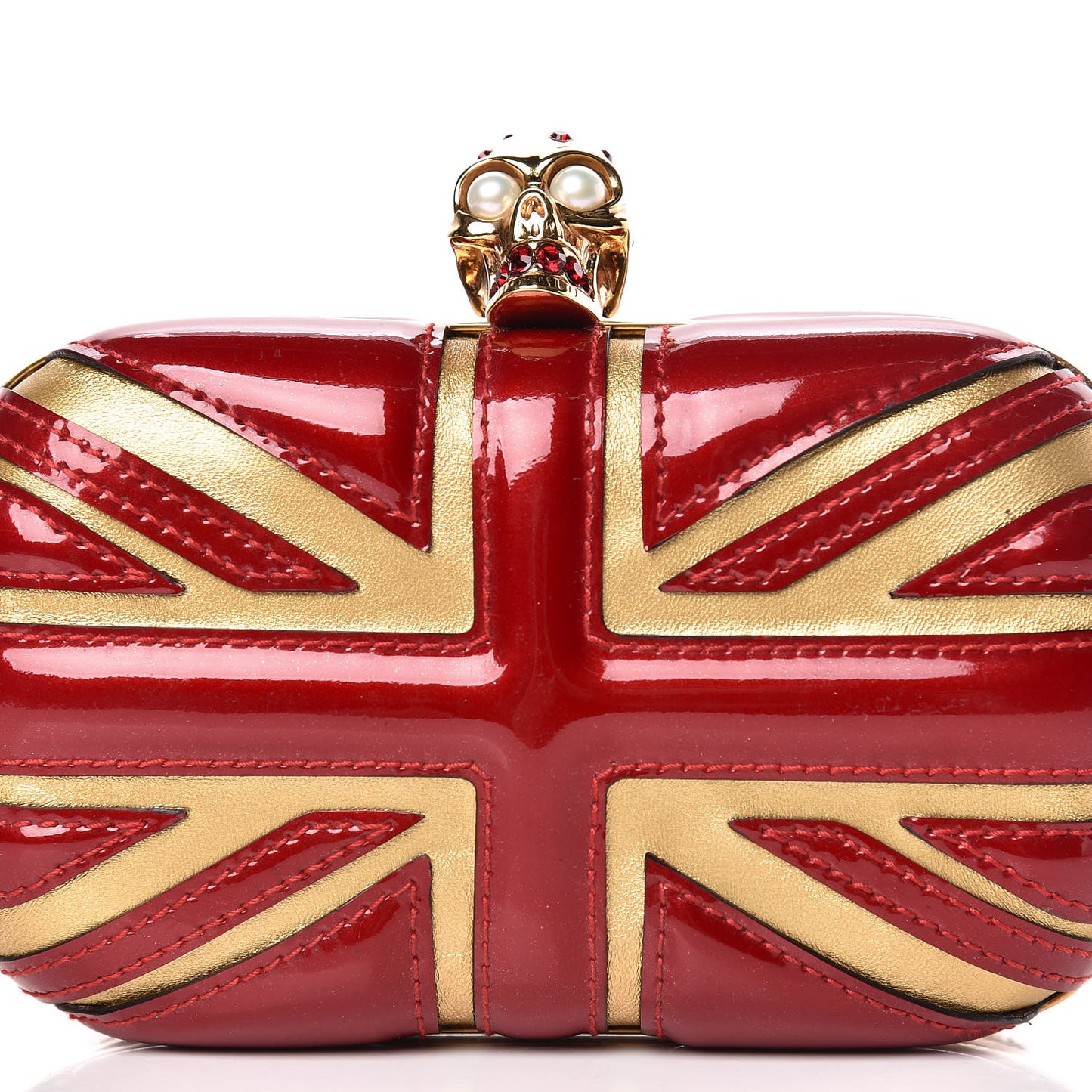 Patent Calfskin Britannia Skull Box Clutch Intense Red