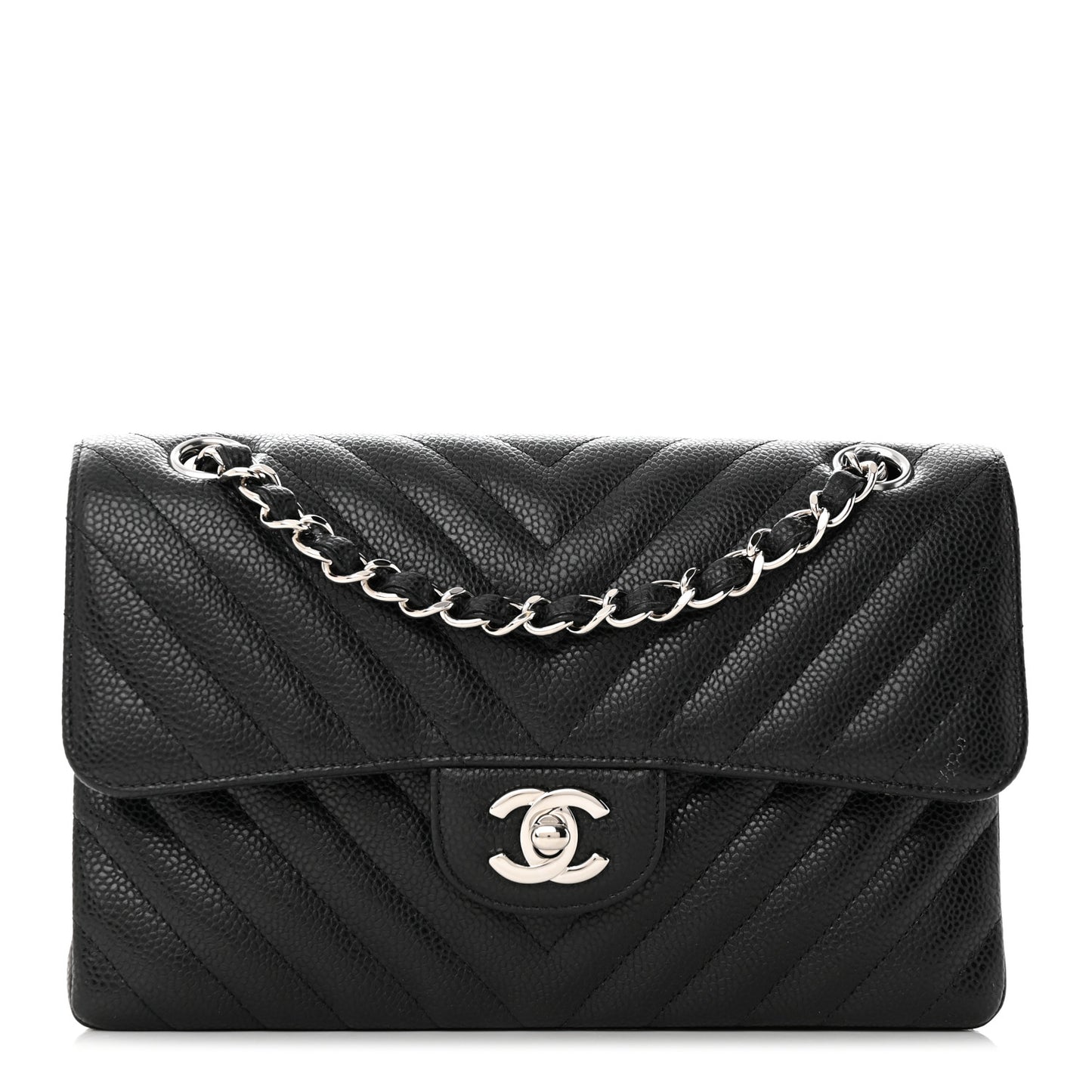 Caviar Chevron Quilted Small Double Flap Black