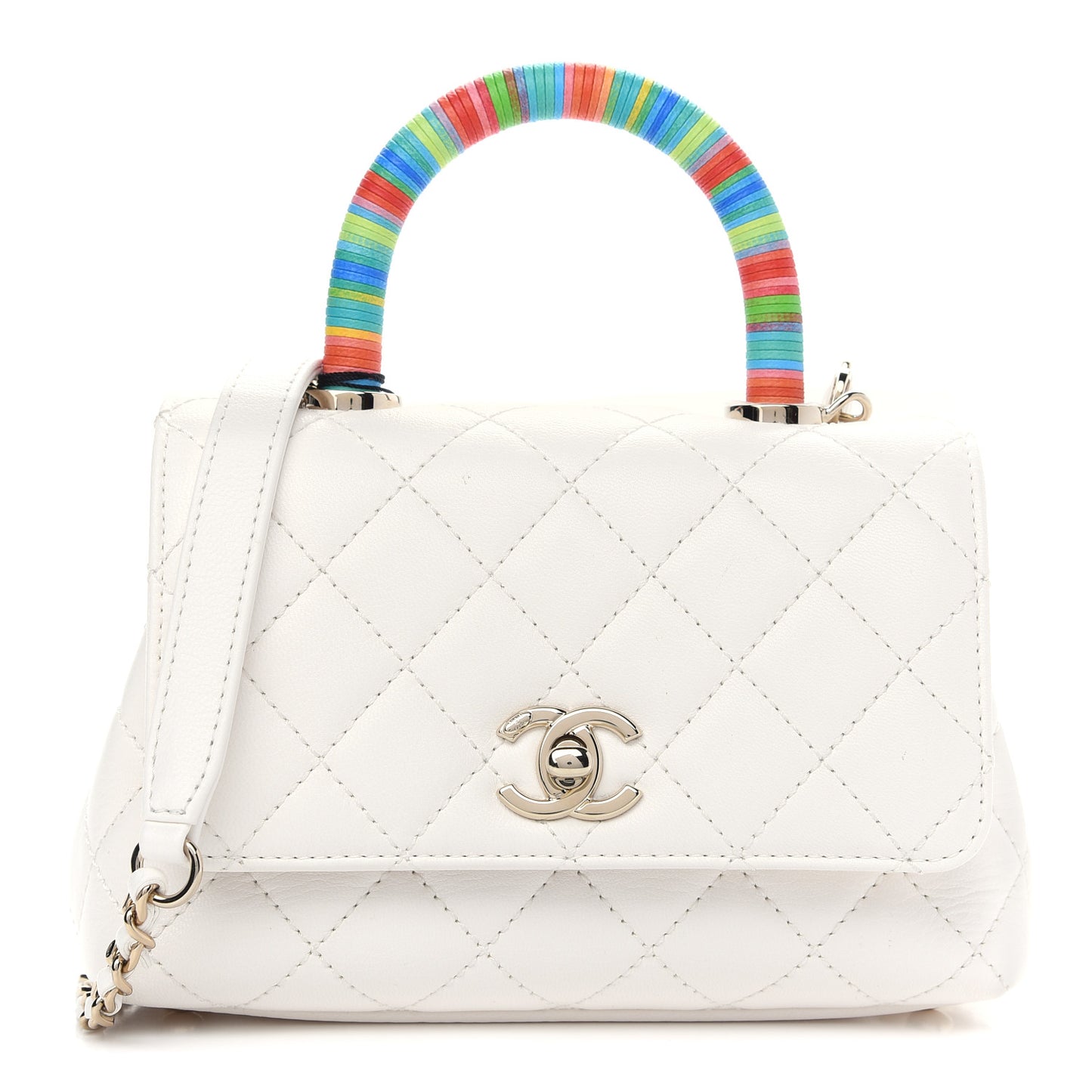 Goatskin Quilted Extra Mini Rainbow Coco Handle Flap White