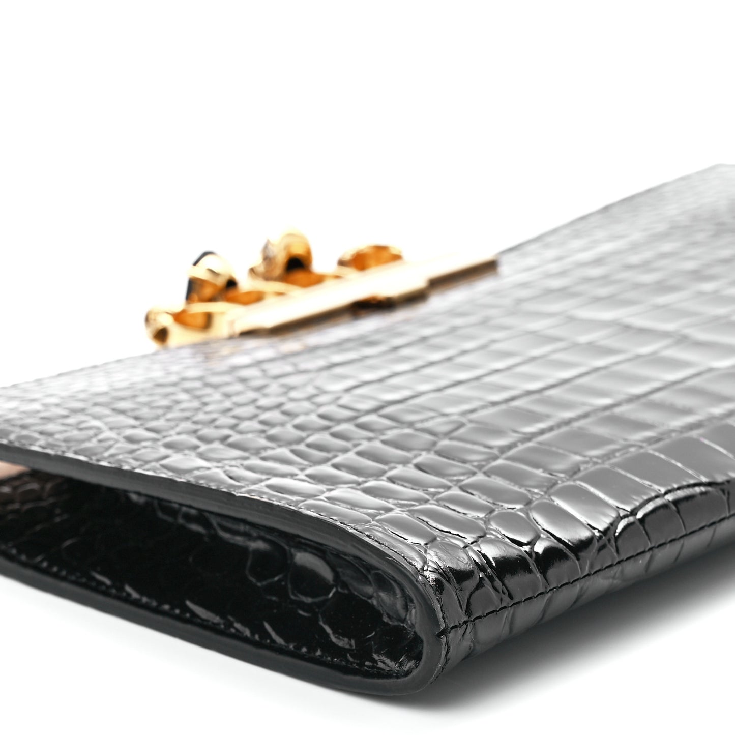 Calfskin Crocodile Embossed Knuckle Flat Clutch Black Gold
